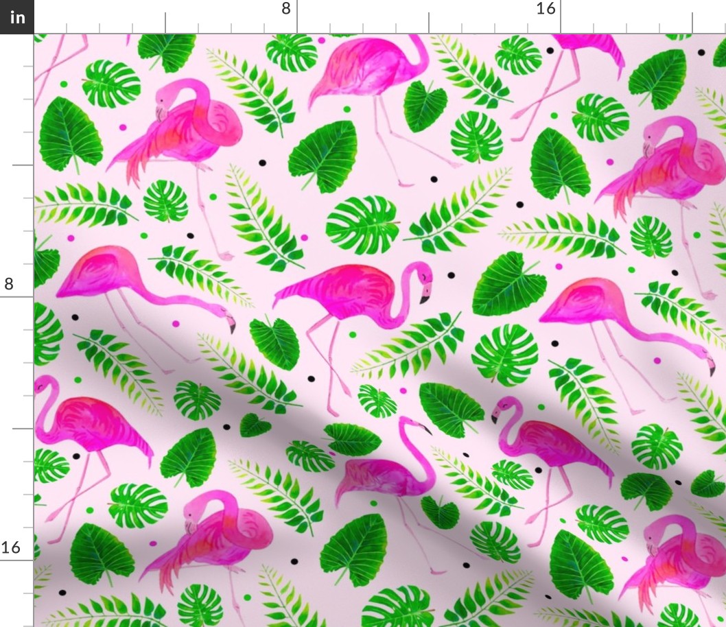 Large Scale Hot Pink Flamingos and Tropical Leaves on Pale Pink