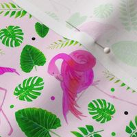 Medium Scale Hot Pink Flamingos and Tropical Leaves on Pale Pink