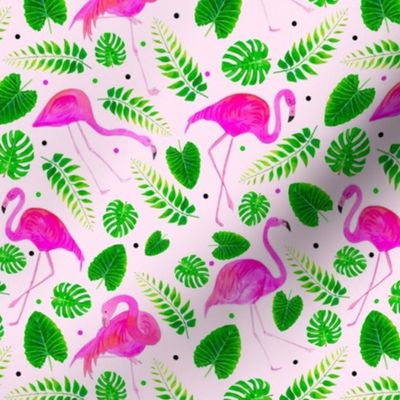 Medium Scale Hot Pink Flamingos and Tropical Leaves on Pale Pink
