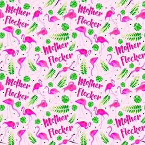 Medium Scale Mother Flocker Hot Pink Flamingoes and Green Tropical Leaves on Pale Pink