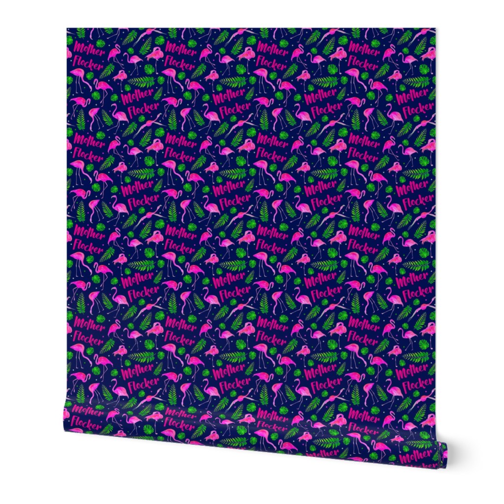 Medium Scale Mother Flocker Hot Pink Flamingoes and Green Tropical Leaves on Navy Blue