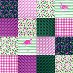 Patchwork 6" Square Cheater Quilt Hot Pink Flamingos and Green Tropical Leaves