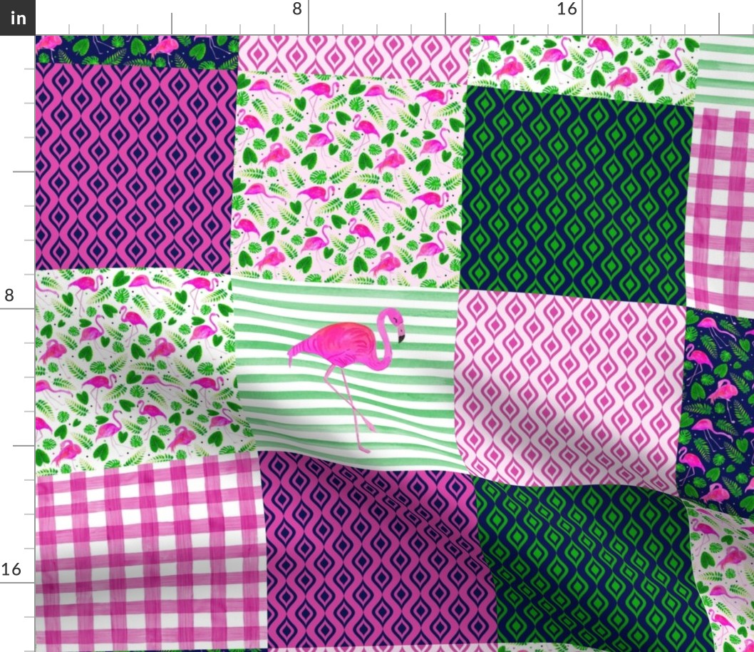 Patchwork 6" Square Cheater Quilt Hot Pink Flamingos and Green Tropical Leaves