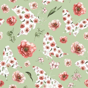 pink floral butterfly pale green