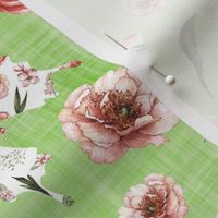 pink floral butterfly light green linen