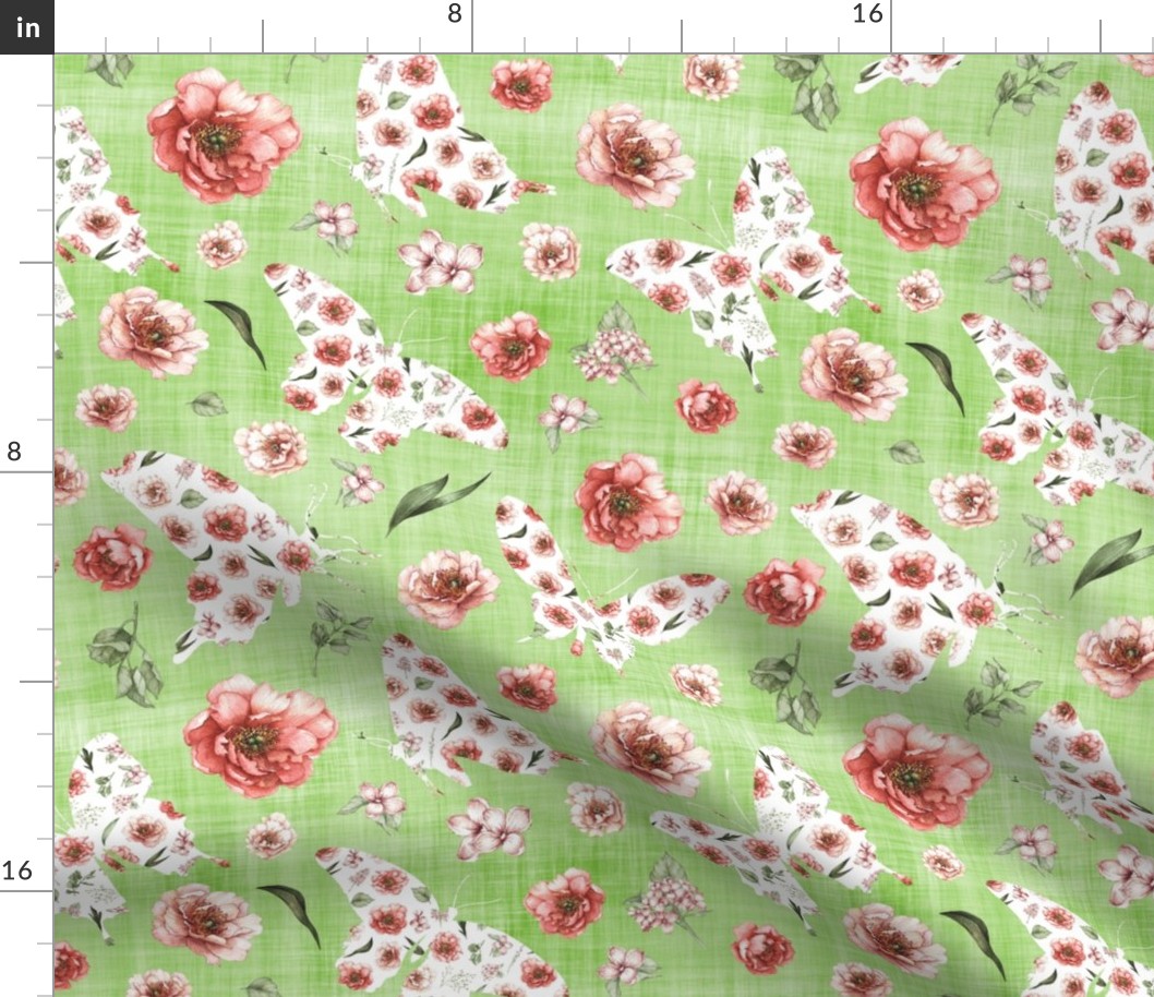 pink floral butterfly light green linen