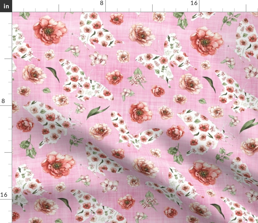 pink floral butterfly pink linen