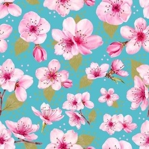 Medium Scale Cherry Blossom Pink Flowers on Turquoise