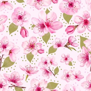 Large Scale Cherry Blossom Pink Flowers on Baby Pink