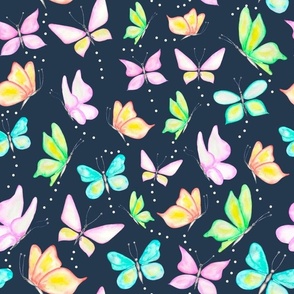 Large Scale Watercolor Butterflies on Navy