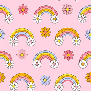 Large rainbow daisies fabric, pink girls retro design