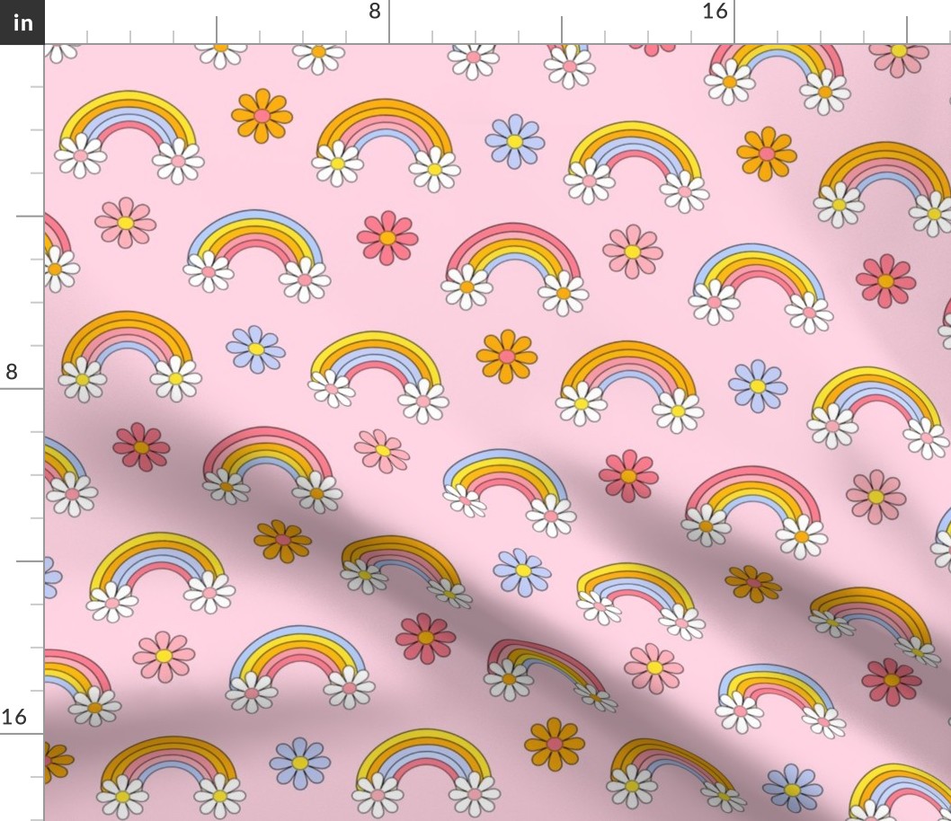 Large rainbow daisies fabric, pink girls retro design