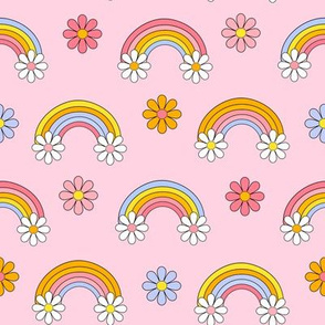 Medium  rainbow daisies fabric, pink girls retro design