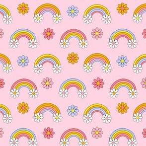 Small  rainbow daisies fabric, pink girls retro design