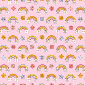 Mini  rainbow daisies fabric, pink girls retro design