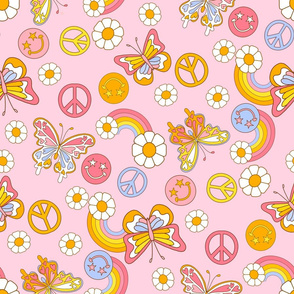 XLarge peace butterflies cute girls pastel rainbow daisy fabric 