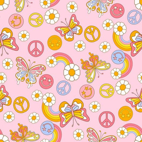 Large  peace butterflies cute girls pastel rainbow daisy fabric 