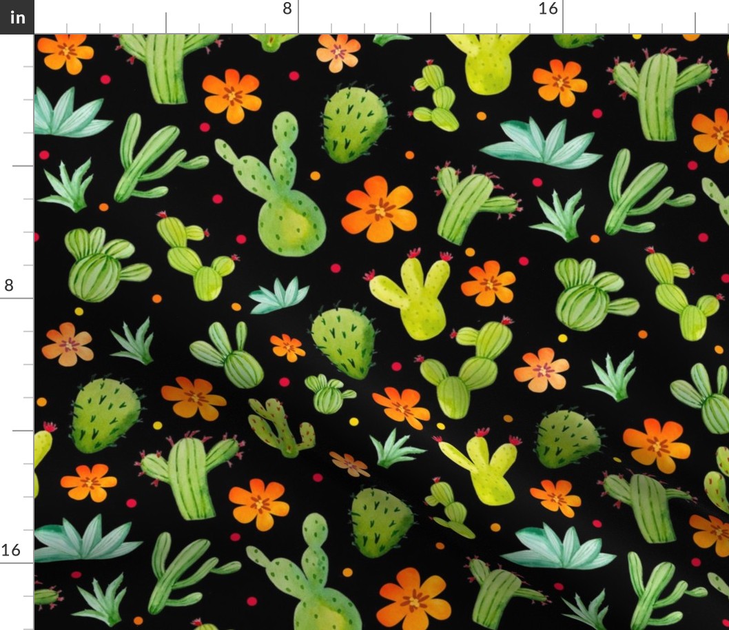 Large Scale Green Cactus Orange Flowers on Black