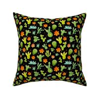 Medium Scale Green Cactus Orange Flowers on Black