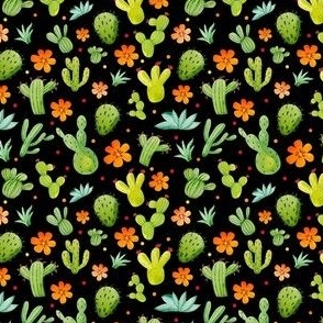 Small Scale Green Cactus Orange Flowers on Black