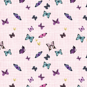 Butterflies on pink watercolor gingham