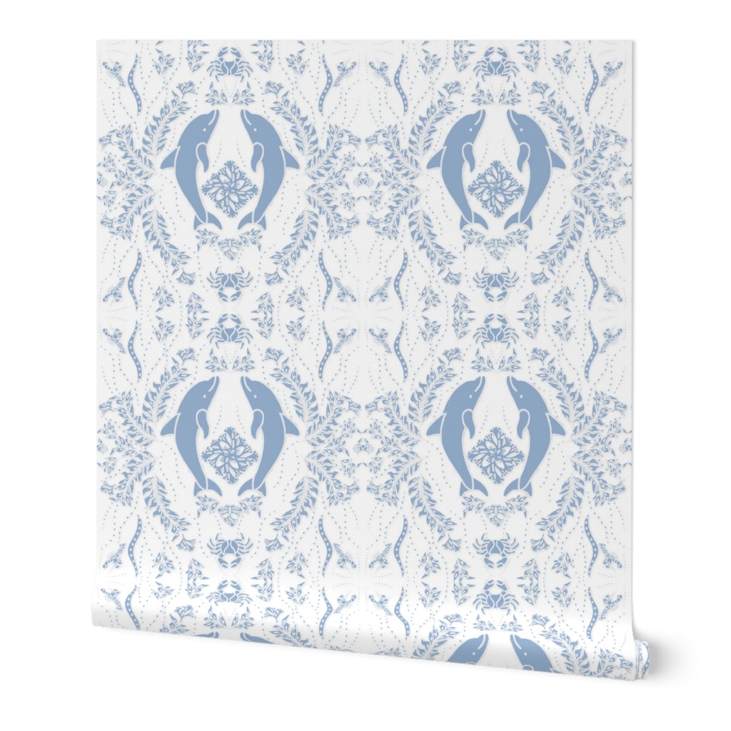 Dolphin Damask - Cerulean Blue on White 