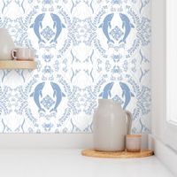 Dolphin Damask - Cerulean Blue on White 