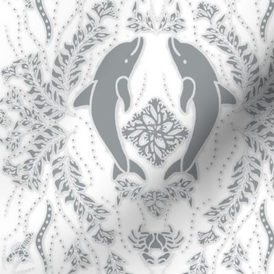 Dolphin Damask - Gray and White 