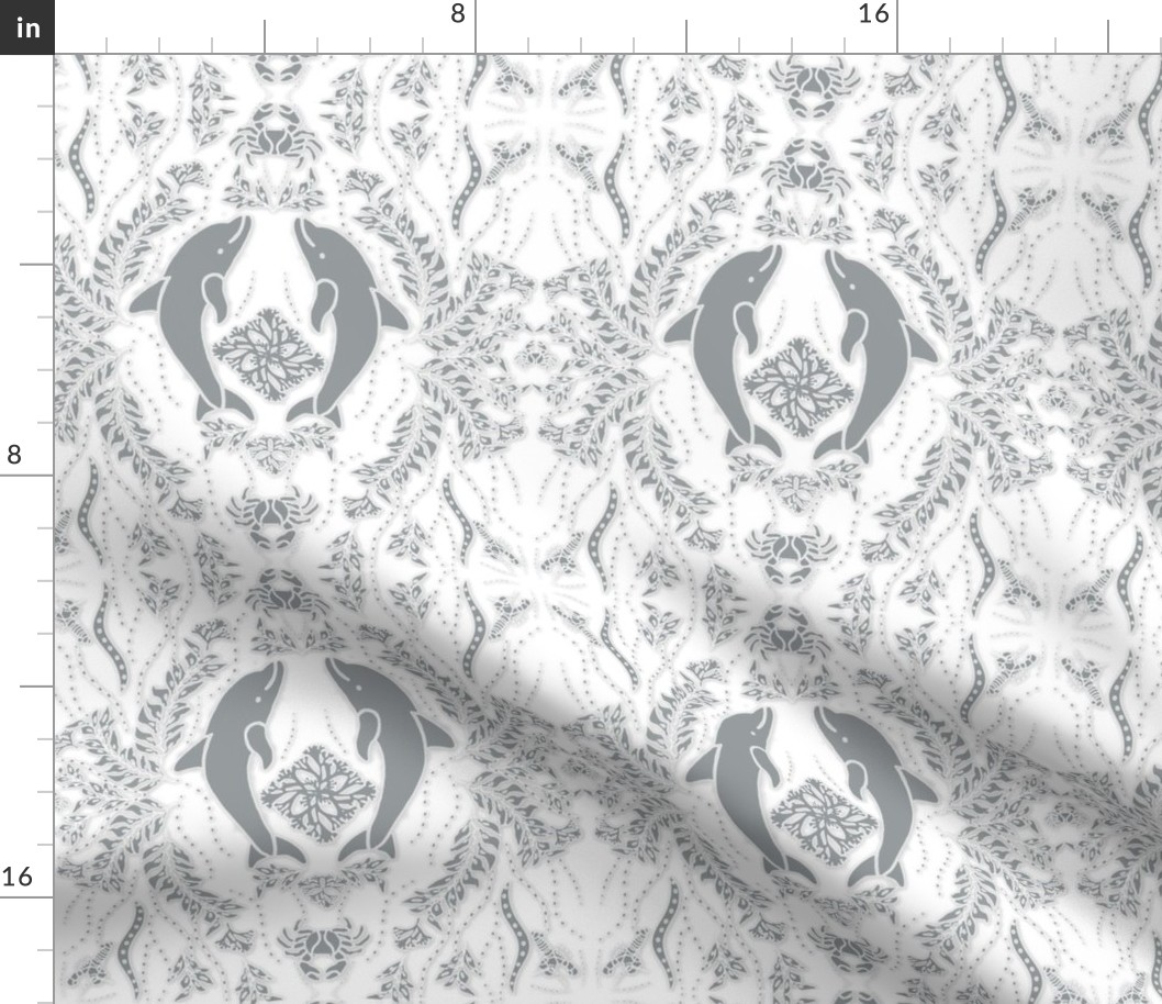 Dolphin Damask - Gray and White 