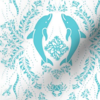 Dolphin Damask - Lt. Aqua on White 