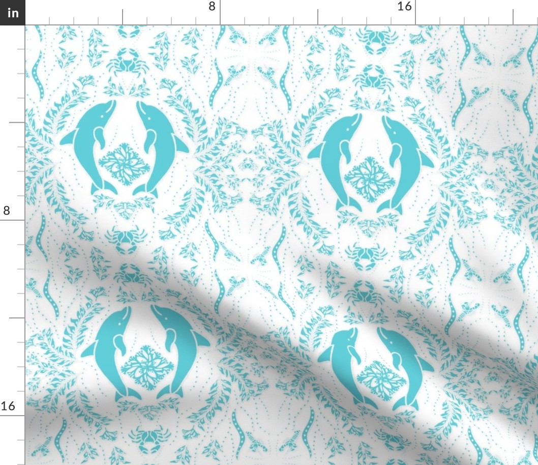 Dolphin Damask - Lt. Aqua on White 