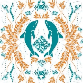 Dolphin Damask_MIAMI DOLPHINS -Orange-Turquoise on White 