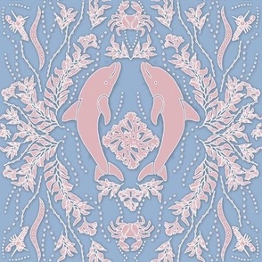 Dolphin Damask, Pink - White on Cerulean Blue 