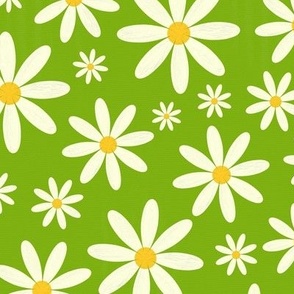Retro Groovy Daisy Flower Power Pattern in Ivory , Grass Green and Bright Yellow with Beautiful Oil Texture