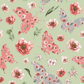 pink and grey floral butterfly pale green