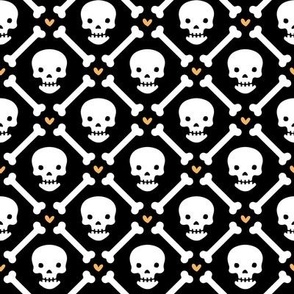 Cute Skulls and Bones - Black with Orange, Medium Scale