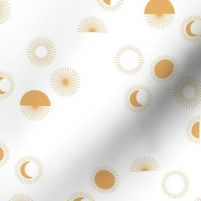 Sunrise sunshine and moon phase designs happy day design gold ochre yellow on white