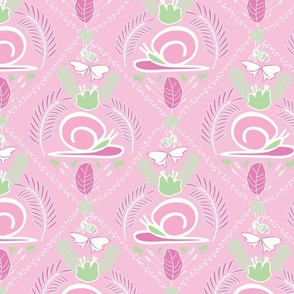 Elegant Snails in Pinks, Green and White on Pink