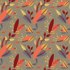 Autumn pattern on a beige background with burgundy, orange and yellow leaves