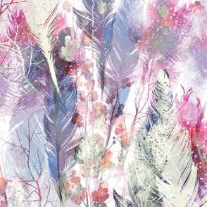 Fantasy feathers and leaves in mauves, blues and greens