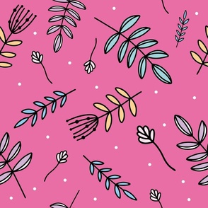 The modern botanical pattern with leaves on pink background