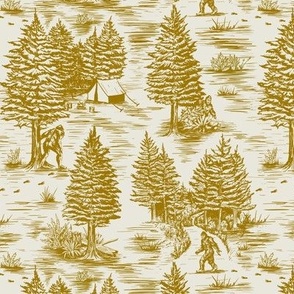 Small-Scale Bigfoot / Sasquatch Toile de Jouy in Gold