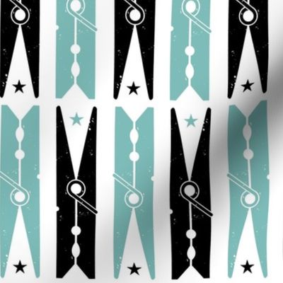 Hang On Clothespins Circus Style - Teal and Black on White