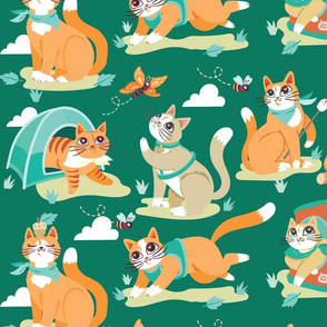 Camping Cats in Forest Green