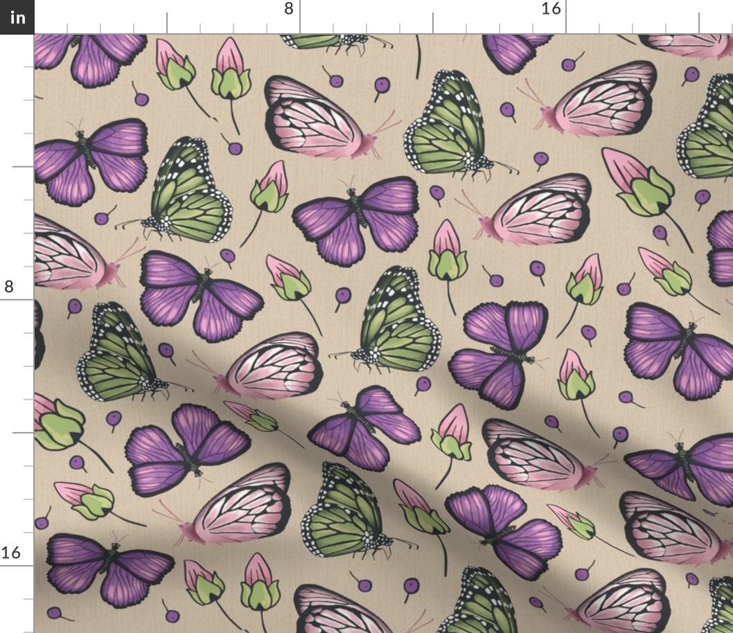 flying butterflies in violet and green 