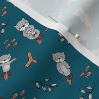 Cute Scandinavian style hand drawn otters and fish water animals soft gray navy blue  SMALL