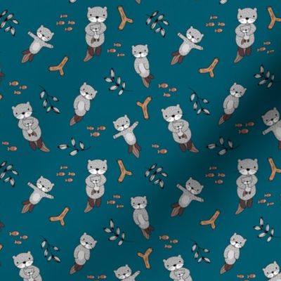 Cute Scandinavian style hand drawn otters and fish water animals soft gray navy blue  SMALL
