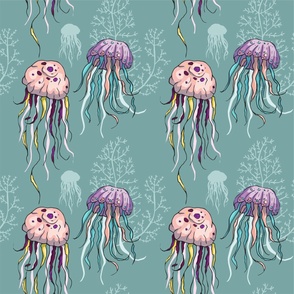 Underwater jellyfish medusa, sea wildlife.
