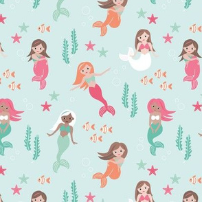 Sweet sea lovers mermaids fish and coral kids design baby blue mint aqua pink girls