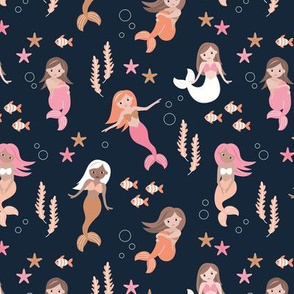 Sweet sea lovers mermaids fish and coral kids design baby navy blue pink orange rust neutral